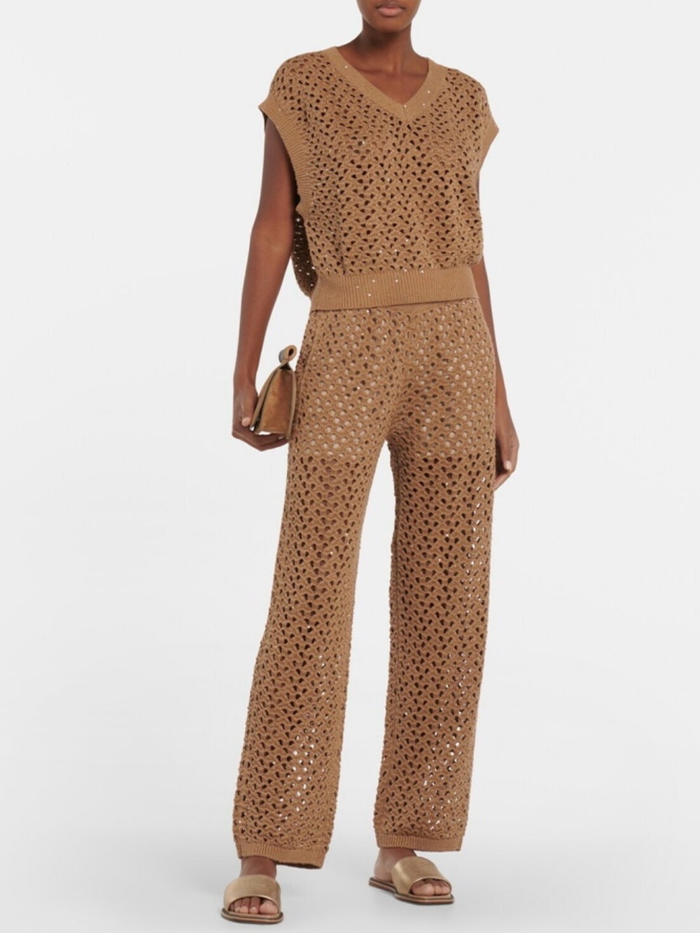 Brunello Cucinelli Open-Knit V-Neck Sleeveless Sweater in Taupe